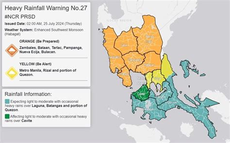 Orange rainfall warning raised over Zambales, Bataan, Tarlac, .